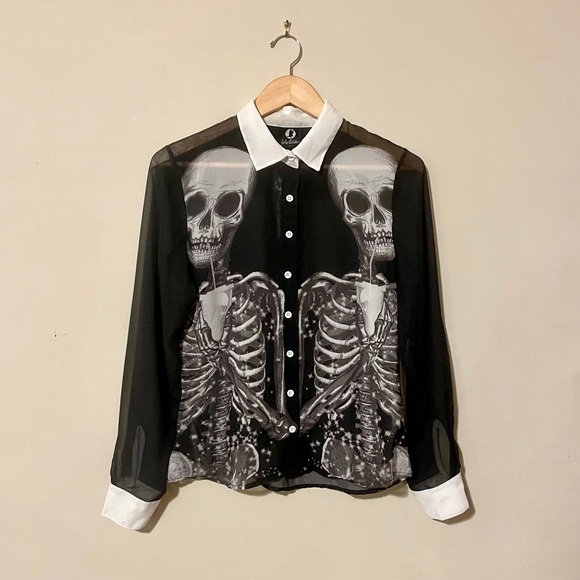 Dolls Kill Tops - Fearless Illustration Drinking Skulls Chiffon Top